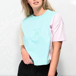 Teddy Fresh Pastel Color Block Tee Boxy Crop T-Shirt Pink Mint Cream Size S EUC